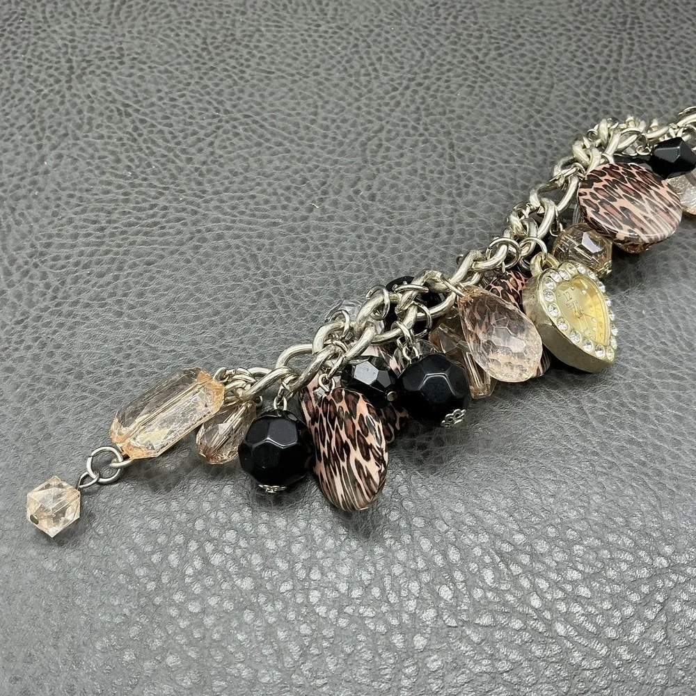 Figaro Bracelet Heart Watch Charm Leopard Bead‎ Multicolor Womens NEW BATTERY